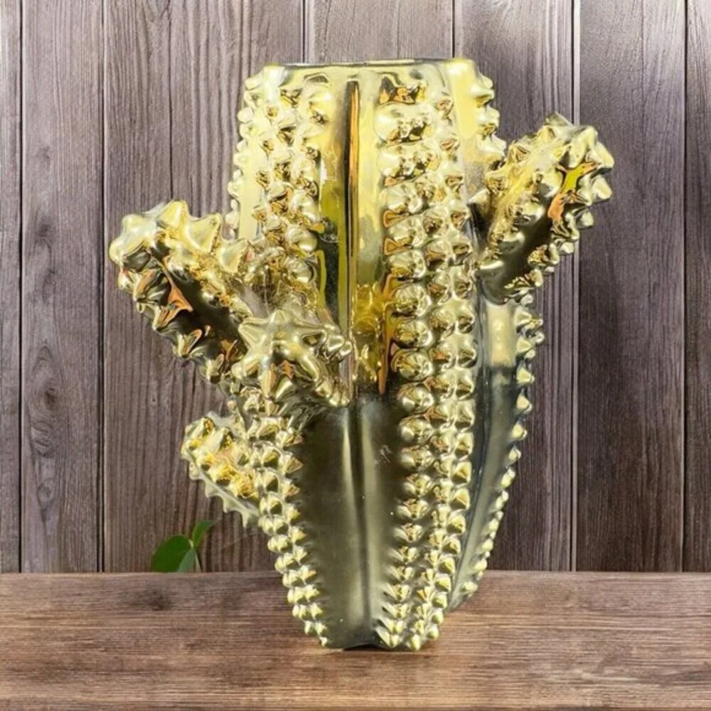 LA‎ CASA BELLA Cactus Vase Ceramic Metallic Gold Vessel Vase Heavy Houseware VTG